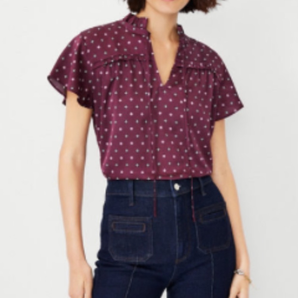 Petite Geo Mixed Media Ruffle Tie Neck Top
